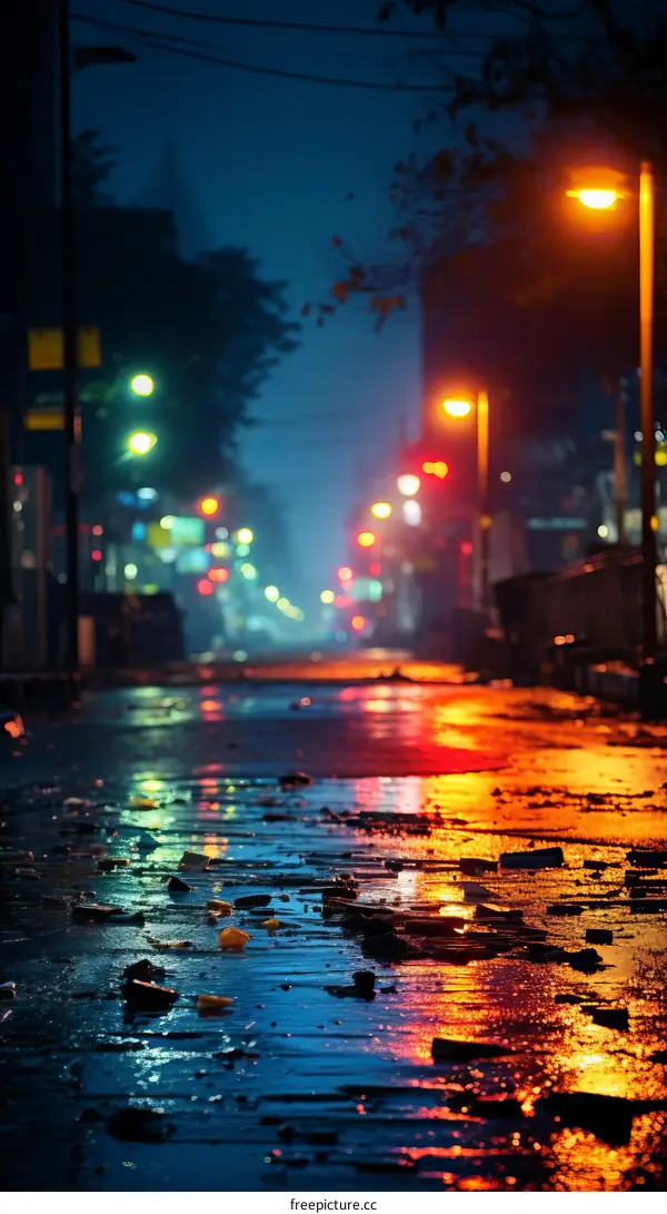 Glowing orange and blue lights reflecting off wet pavement at night