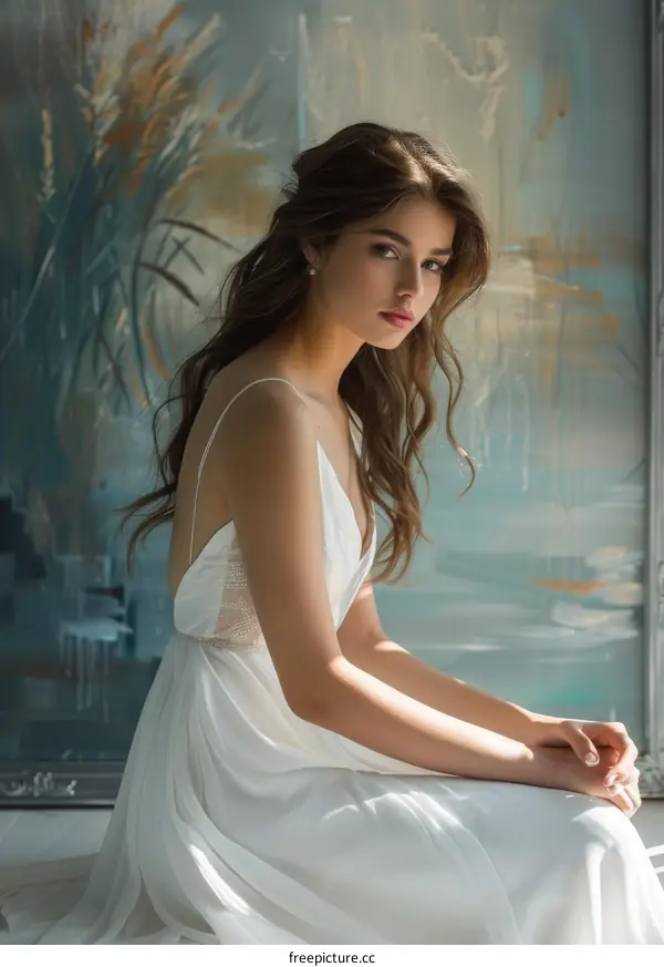 Elegant Woman in a White Dress against an Artistic Background