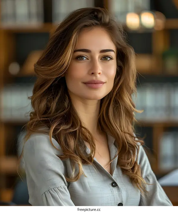 portrait of a beautiful young woman with long brown hair wearing a gray blouse