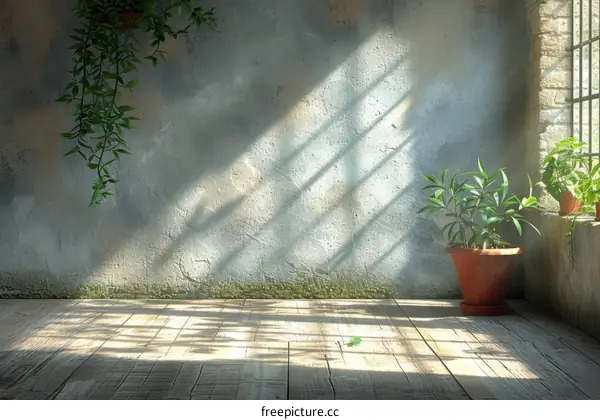 sunlight shining through the window onto the wooden floor and the potted plant