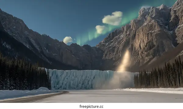 Frozen Waterfall in Mountains with Aurora Borealis