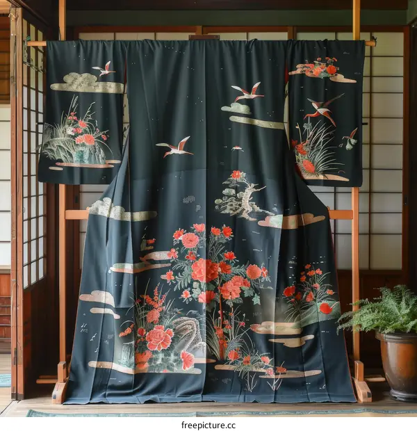 A kimono with a pattern of cranes and flowers