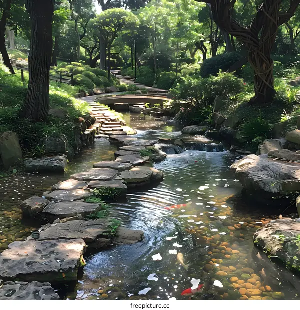 Japanese Garden with Stepping Stones and Koi Fish