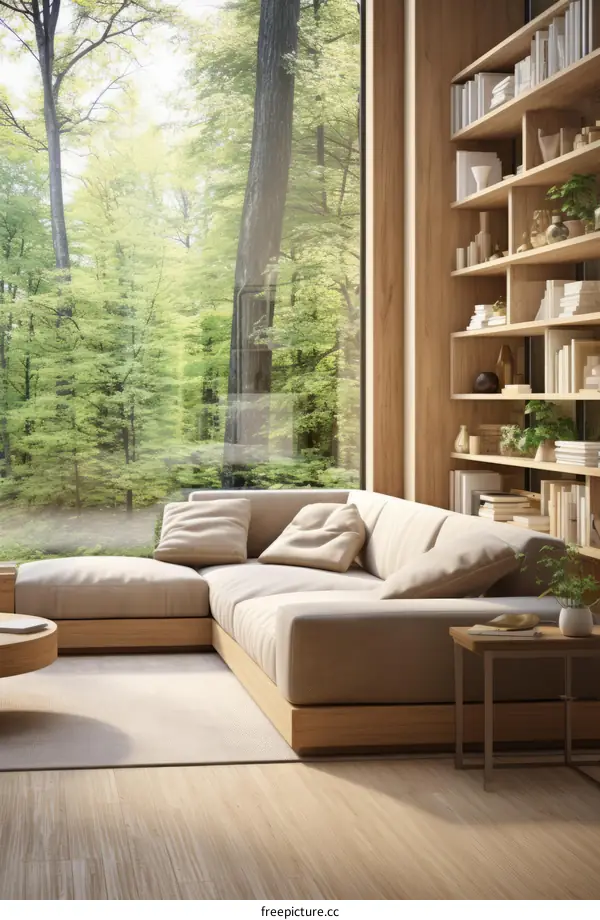 A modern living room with a large window looking out onto a forest