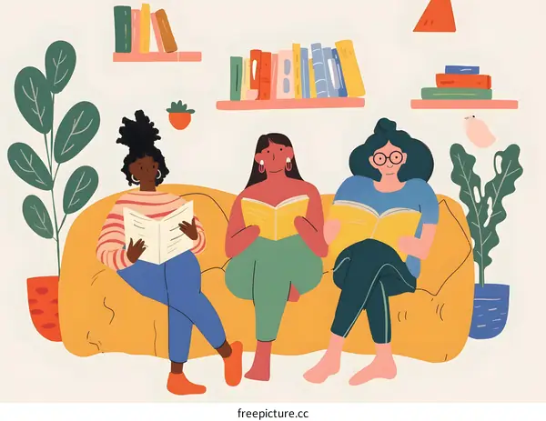Three Women Sitting On A Sofa Reading Books