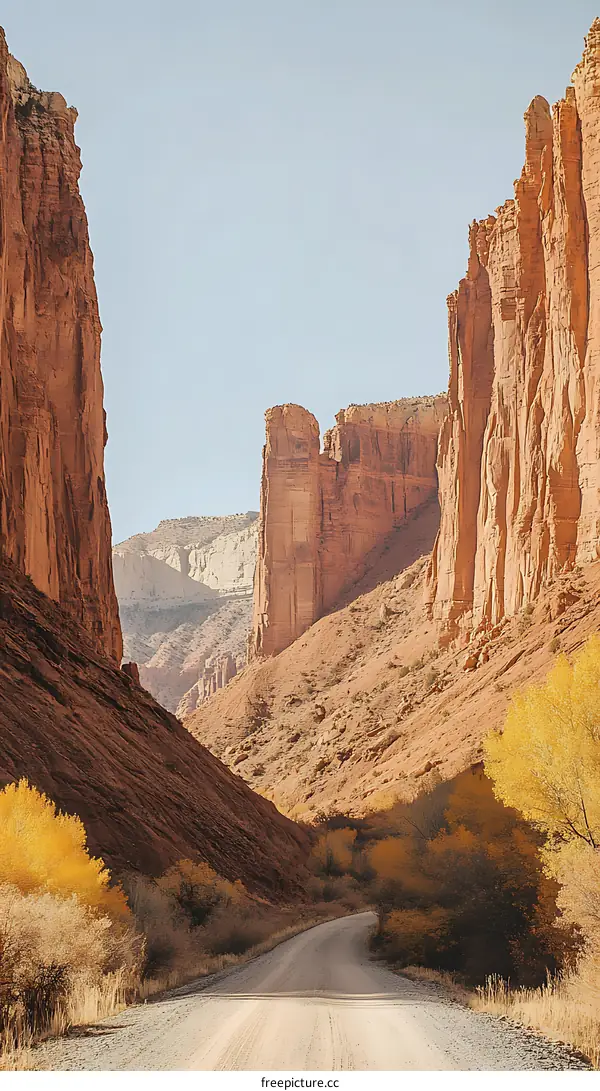 Red Rock Canyon Landscape With Winding Road And Yellow Trees