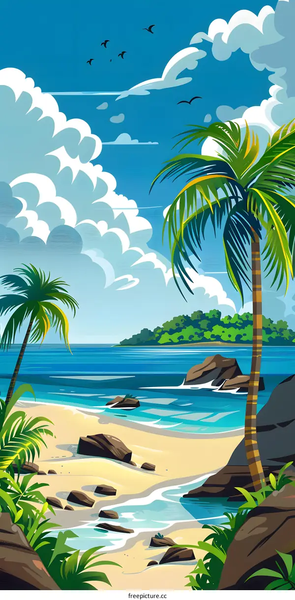 Tropical Beach Illustration with Palm Trees, Clouds, and Ocean