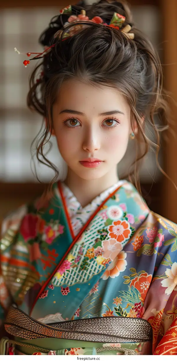 Portrait of a young woman in a kimono