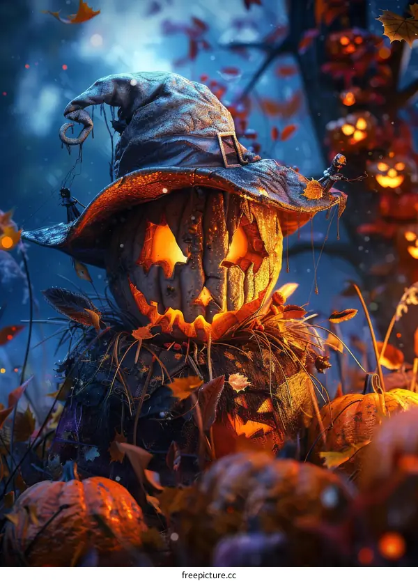 Spooky Scarecrow with Jack-o'-Lantern Head and Pumpkins
