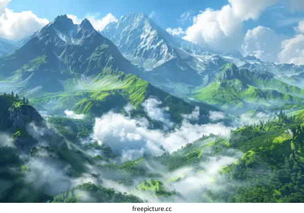 Majestic Mountain Range in a Misty Valley