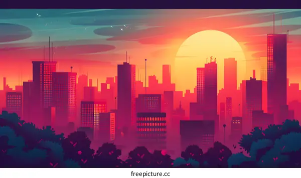 Sunset City Skyline Illustration With Purple And Red Colors