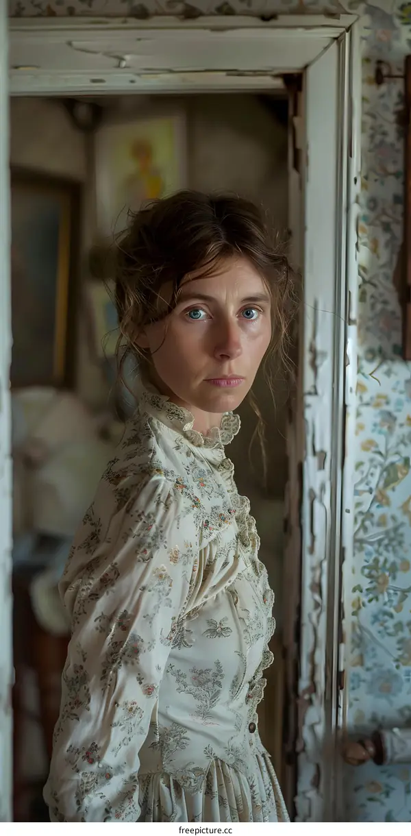 portrait of a woman in a floral dress standing in a doorway