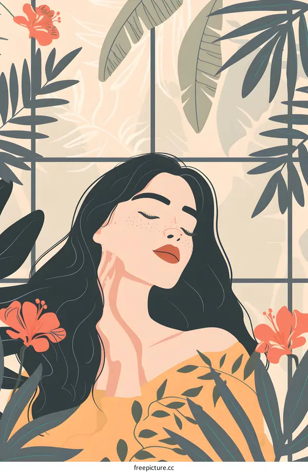 Woman with Closed Eyes in a Tropical Garden