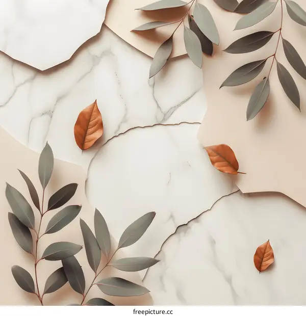 Autumn Leaves and Branches on Marble Background