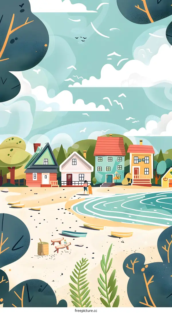 Summer Beach Illustration With Colorful Houses And People