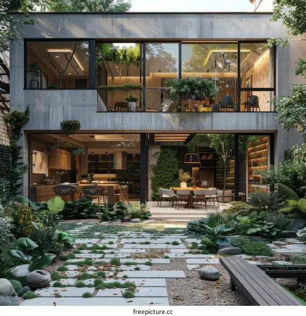 Courtyard House with Modern Interior and Green Garden