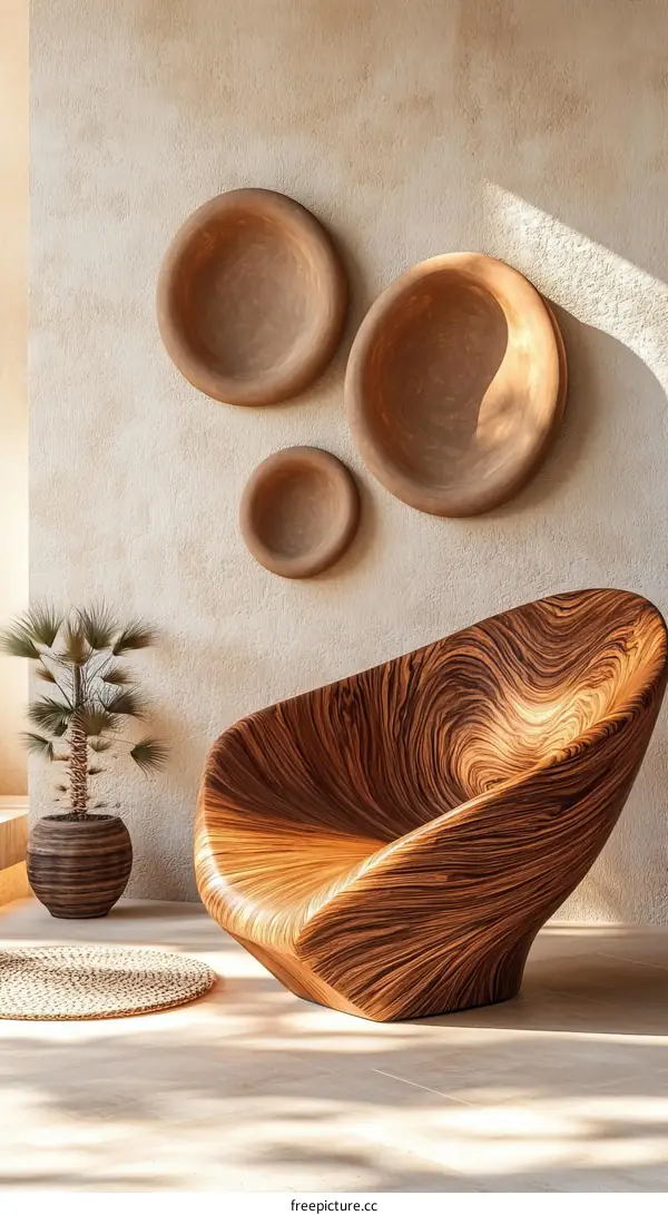 Modern Minimalist Wooden Chair and Decorative Bowls