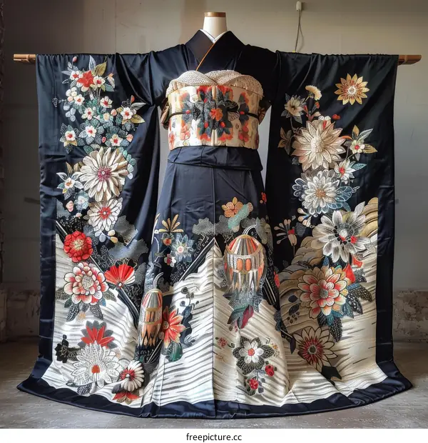 Traditional Japanese Kimono With Floral Embroidery