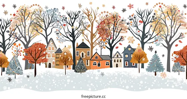 Winter Village Landscape with Snow and Trees