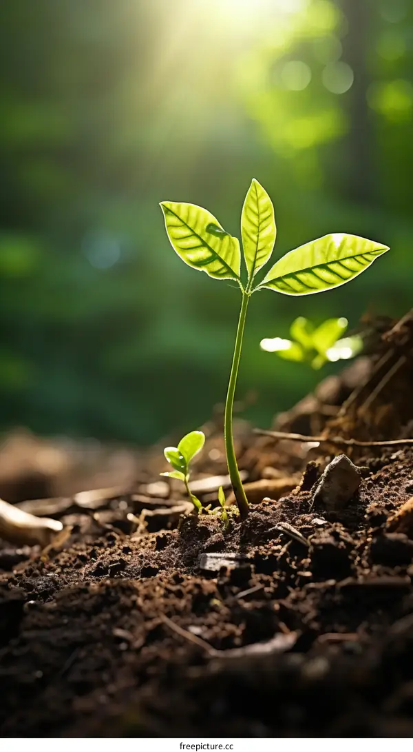 Small green sprout growing out of the soil towards the sunlight