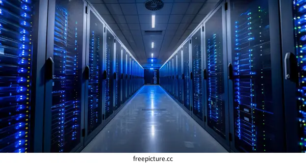 A long corridor with rows of server racks on both sides