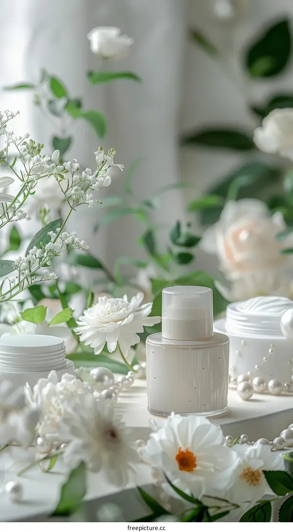 White flowers and skincare products