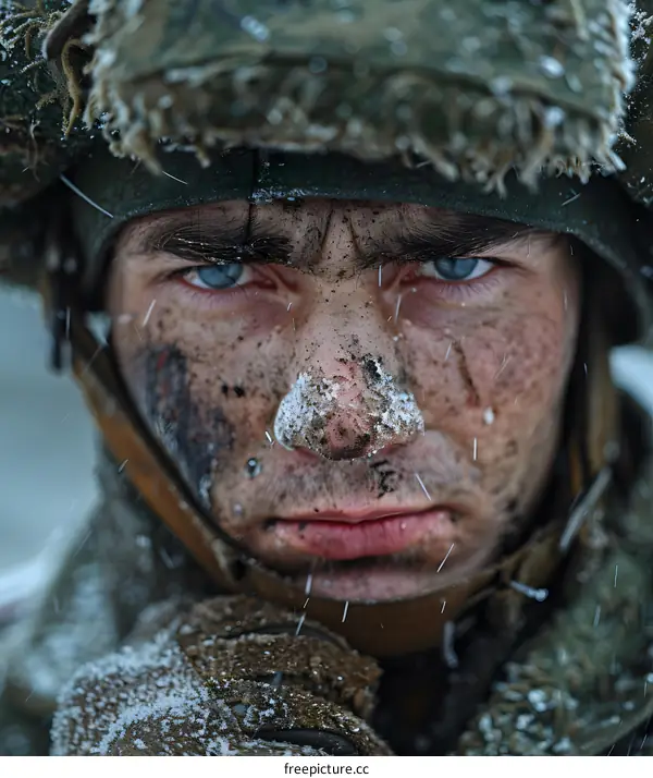 Portrait of a soldier with snow on his face