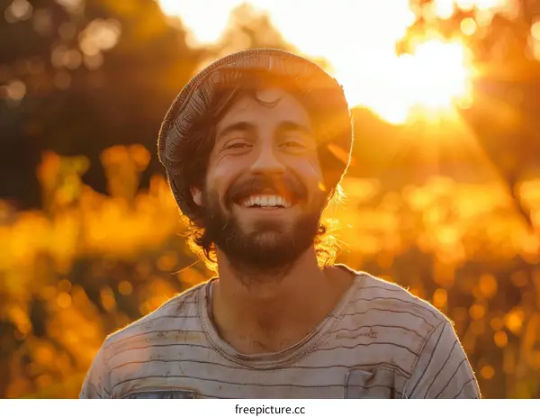 Smiling Man in a Field at Sunset