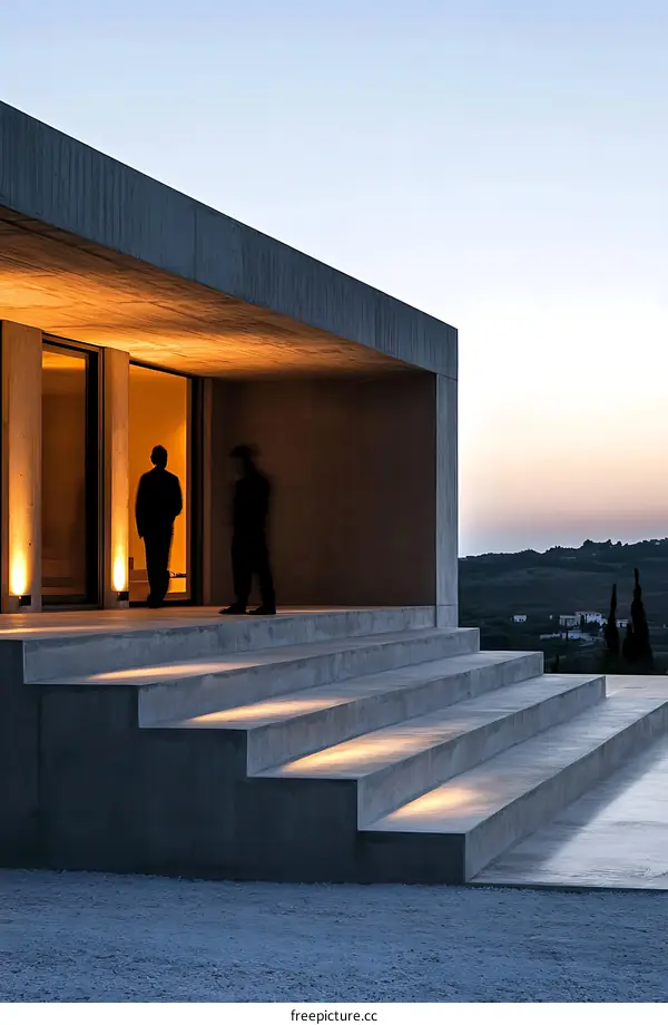 Modern Concrete House with Stairs and Two People Silhouettes at Sunset