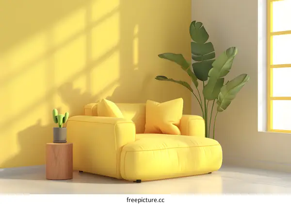 Yellow Armchair In Minimalist Living Room With Green Plant And Cactus