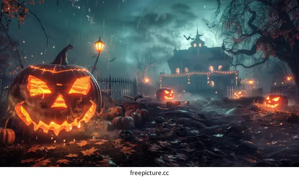 Spooky Halloween Night with Jack-o'-Lanterns and Haunted House