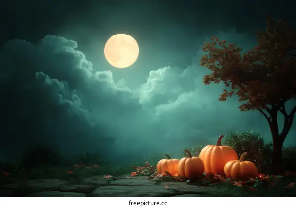 Spooky Halloween Night with Pumpkins and Moonlight