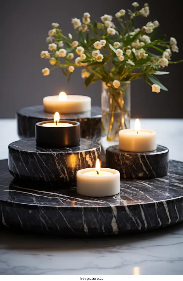 Black marble table with white candles and a vase of flowers