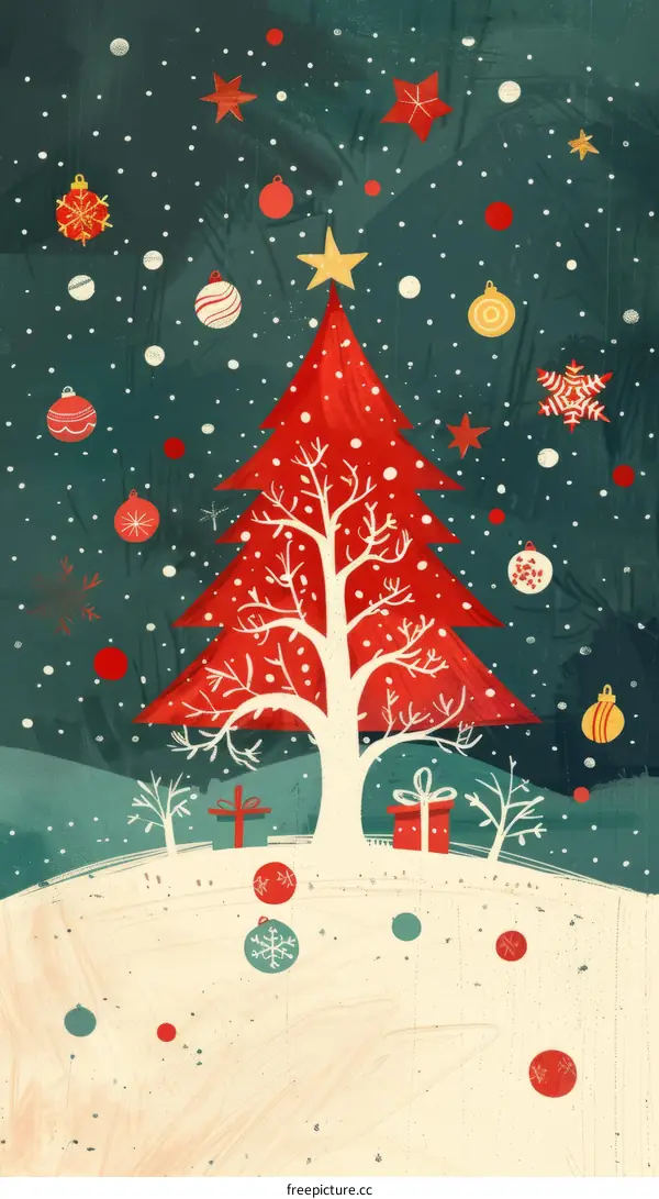 A red Christmas tree with ornaments and presents