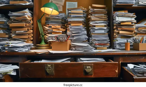 Stacks of Paperwork and Files in a Messy Office