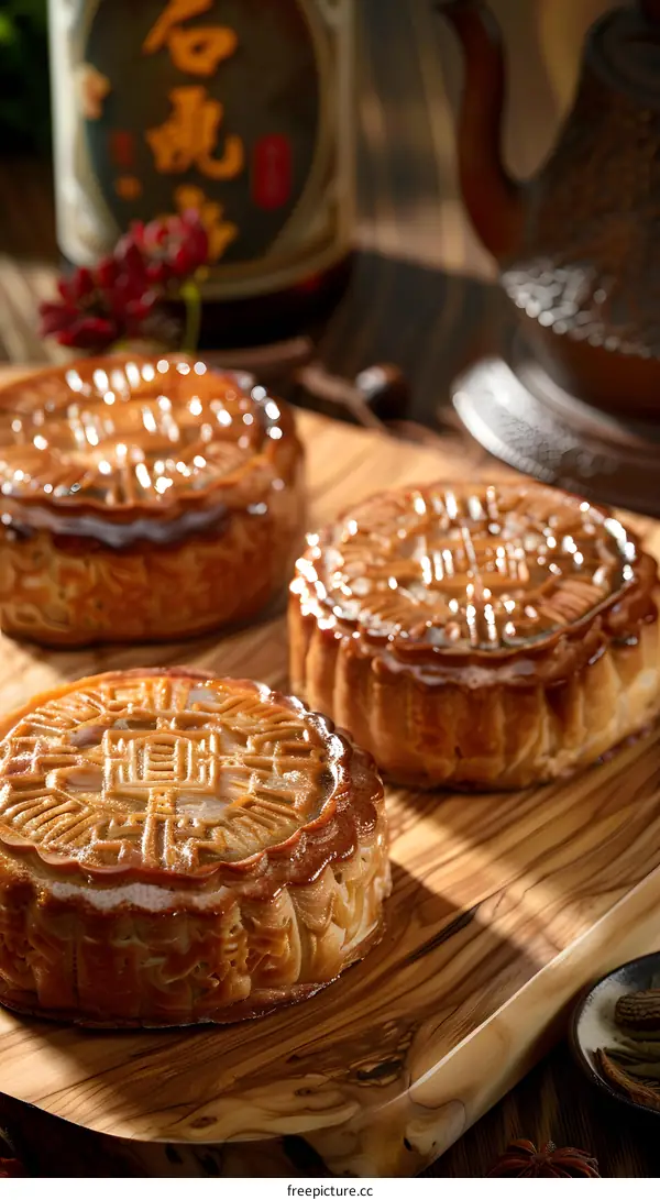 Close up of Three Chinese Mooncakes on Wooden Cutting Board