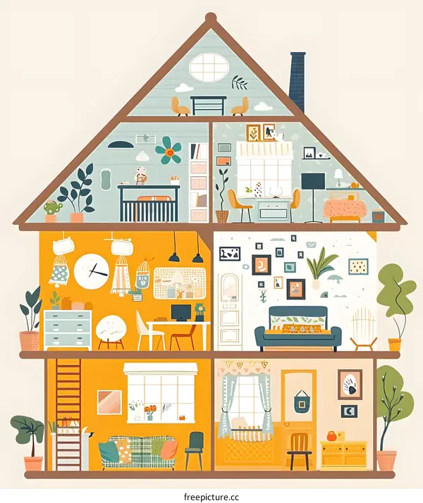Cross Section View of a Colorful House Interior Design Illustration