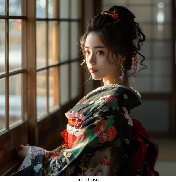 Portrait of a beautiful Asian woman in traditional Japanese kimono