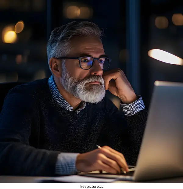 Senior Man Working Late at Night on Laptop