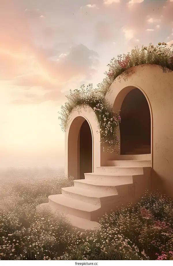 Stone Archway With Flowers  Entrance And Stairs