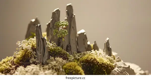 Closeup of Miniature Stone Mountain Landscape With Green Moss