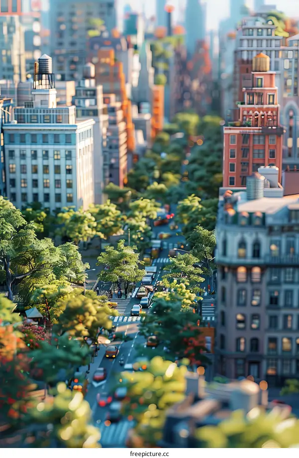 Cityscape Miniature Model with Trees and Cars