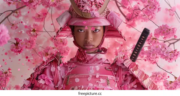 Portrait of a young woman in a pink samurai armor with a cherry blossom background