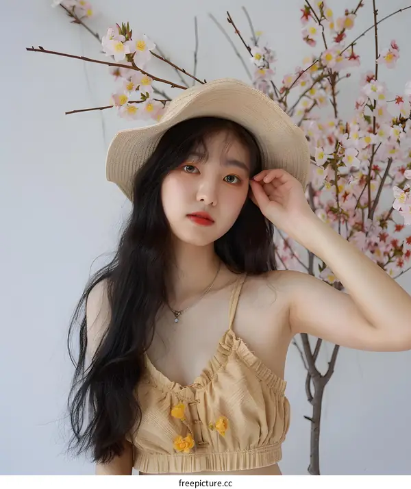 Portrait of a Young Asian Woman with Flowers and a Straw Hat