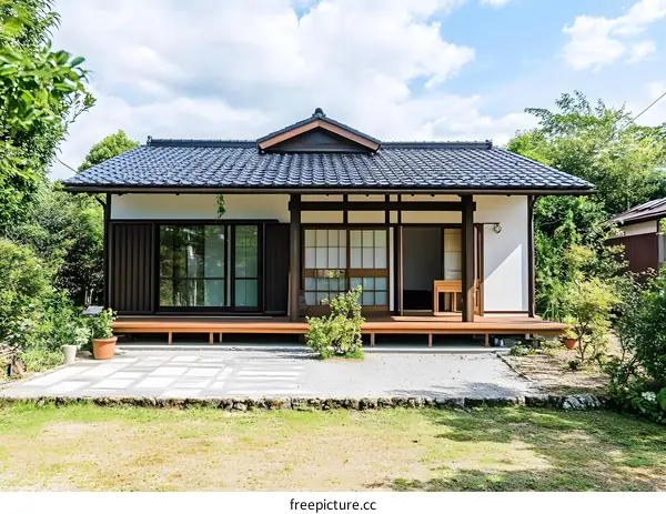 Traditional Japanese House with Wooden Deck and Garden