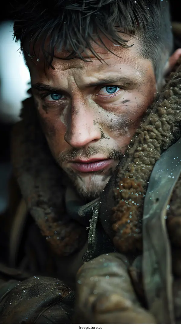 Portrait of a man with blue eyes and a beard wearing a fur coat