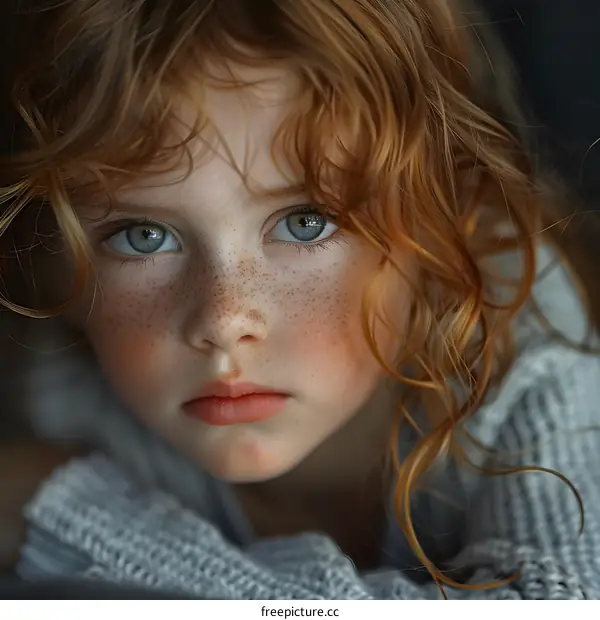 Portrait of a young girl with red hair and freckles