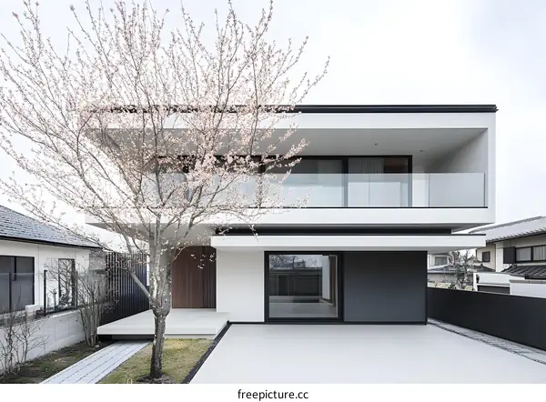 Modern Two Story House with Cherry Blossom Tree
