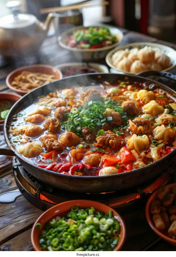 A Feast of Spicy Hot Pot and Dumplings on a Rustic Table