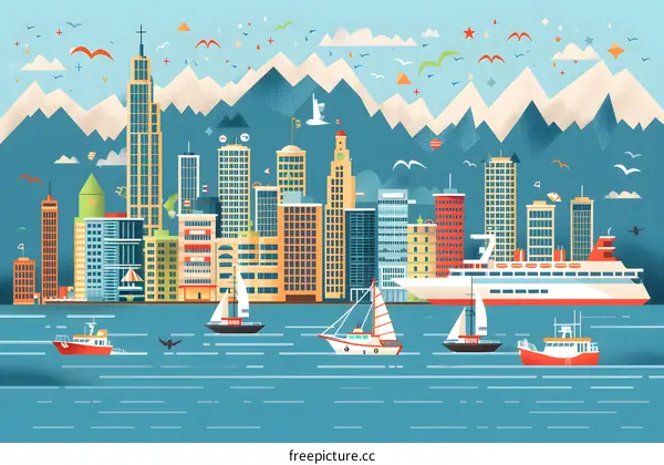 Cityscape with Mountains and Boats